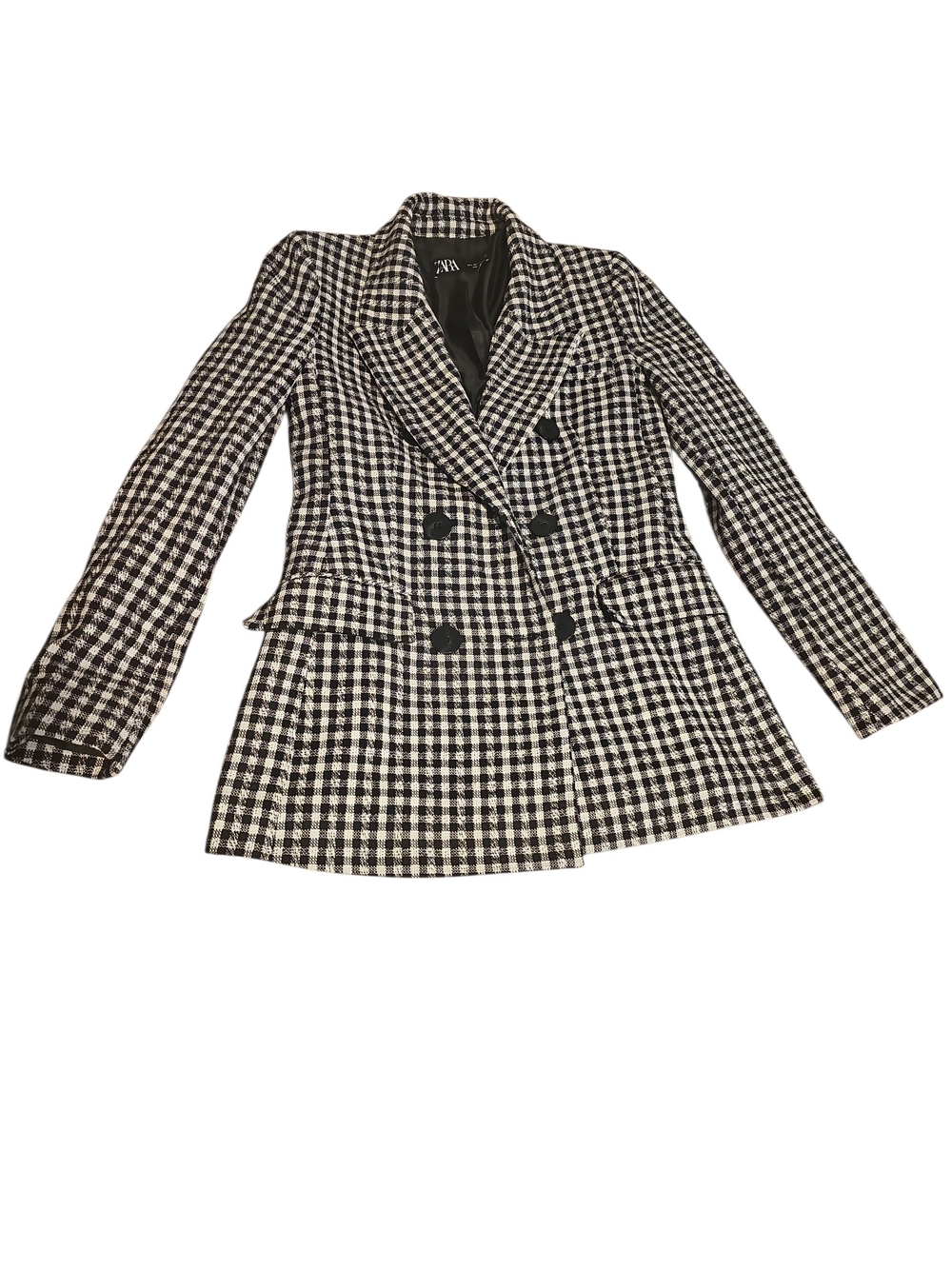 Zara Black & White Checked Double-Breasted Blazer